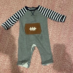 Mud Pie Gray One Piece with Striped Sleeves and Brown Patch size 3-6 months